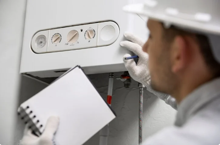 Technician inspecting and servicing a back boiler system while taking notes, demonstrating professional boiler maintenance covered by back boiler grants.