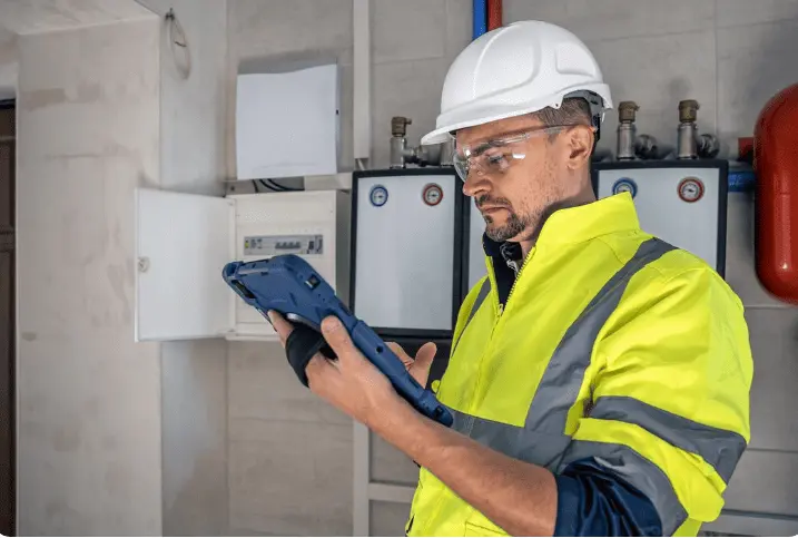 Heating engineer inspecting boiler system for Oil & Solid Fuel Boiler Grant eligibility and installation