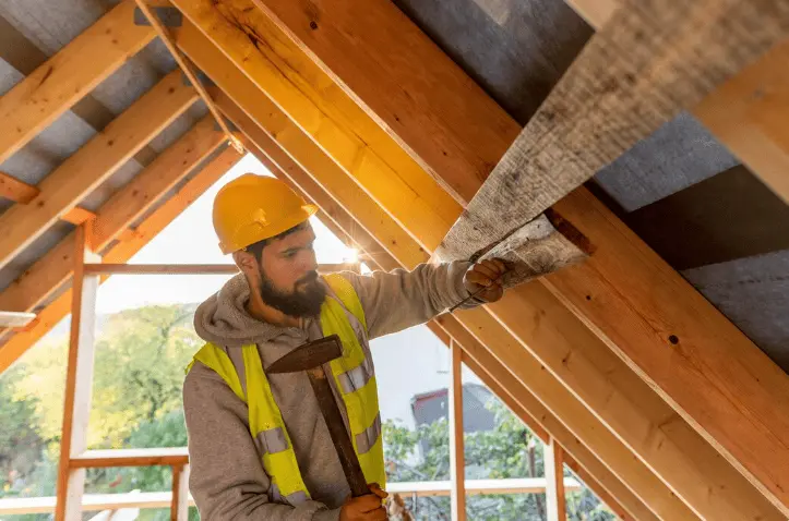 Construction worker installing timber beams for room in roof insulation in residential attic space