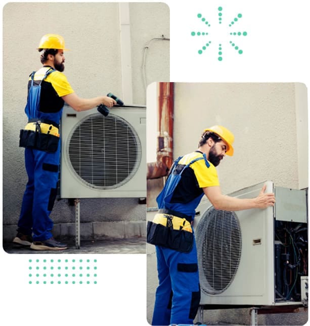 Professional technicians installing air source heat pump system to maximize air source heat pump grant savings for homeowners