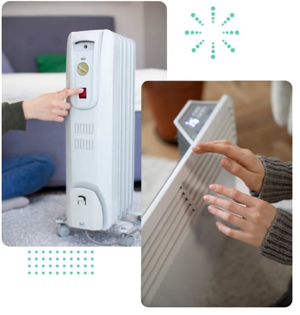 Person adjusting portable electric oil-filled radiator and convection heater for home heating efficiency