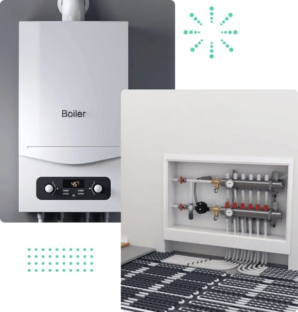 Modern condensing boiler with digital display connected to underfloor heating manifold system showing distribution pipes and controls